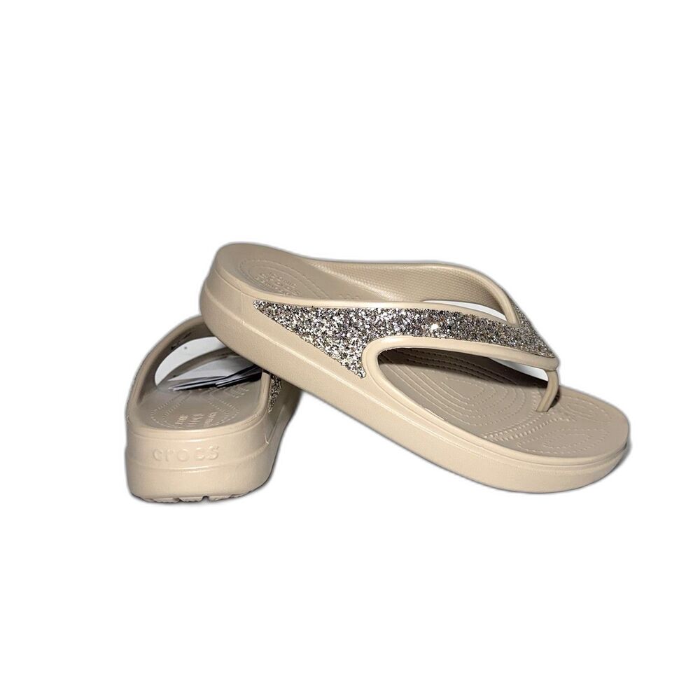 Crocs Women's Sloane Gold Glitter Flip Flop Wedge Tan Sandals Size 9 NWT